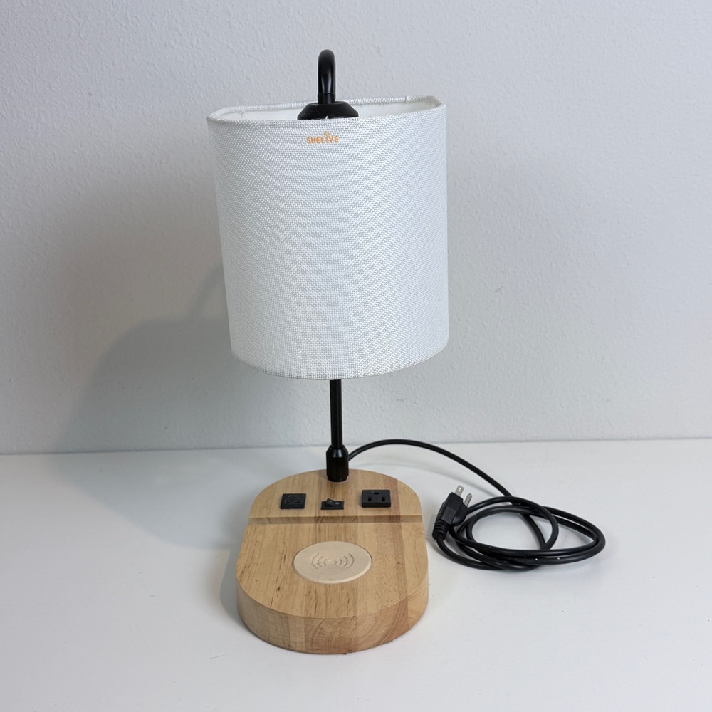 Shelive Natural Wood Lamp with Wireless & Charging Ports